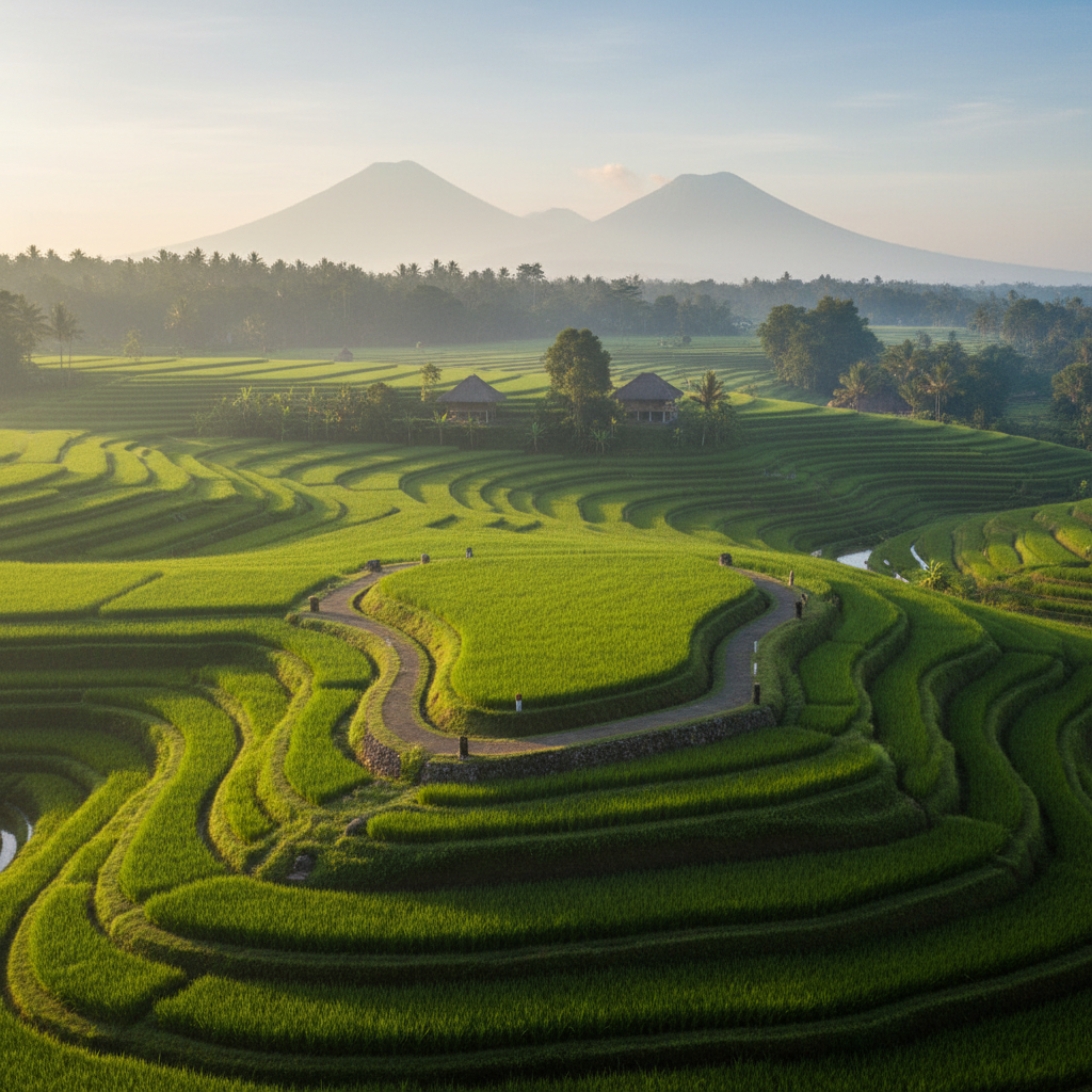 A panoramic photographic view of terraced rice fields in Bali with a clearly marked development-ready ridge, ideal for land leasing. In the midground, a gently sloping, grass-covered ridge stands out, outlined by natural pathways and small stone markers. Surrounding it, vivid green rice paddies cascade down in layered terraces, with irrigation channels catching glints of sunlight. A few simple traditional huts appear in the far background, dwarfed by lush hills and distant volcano silhouettes. Soft morning light creates a misty, serene atmosphere while still revealing fine detail in the vegetation and terrain. The wide-angle, landscape-oriented composition balances natural beauty with a clear sense of where development could occur, perfectly suited for showcasing unique Bali land opportunities.