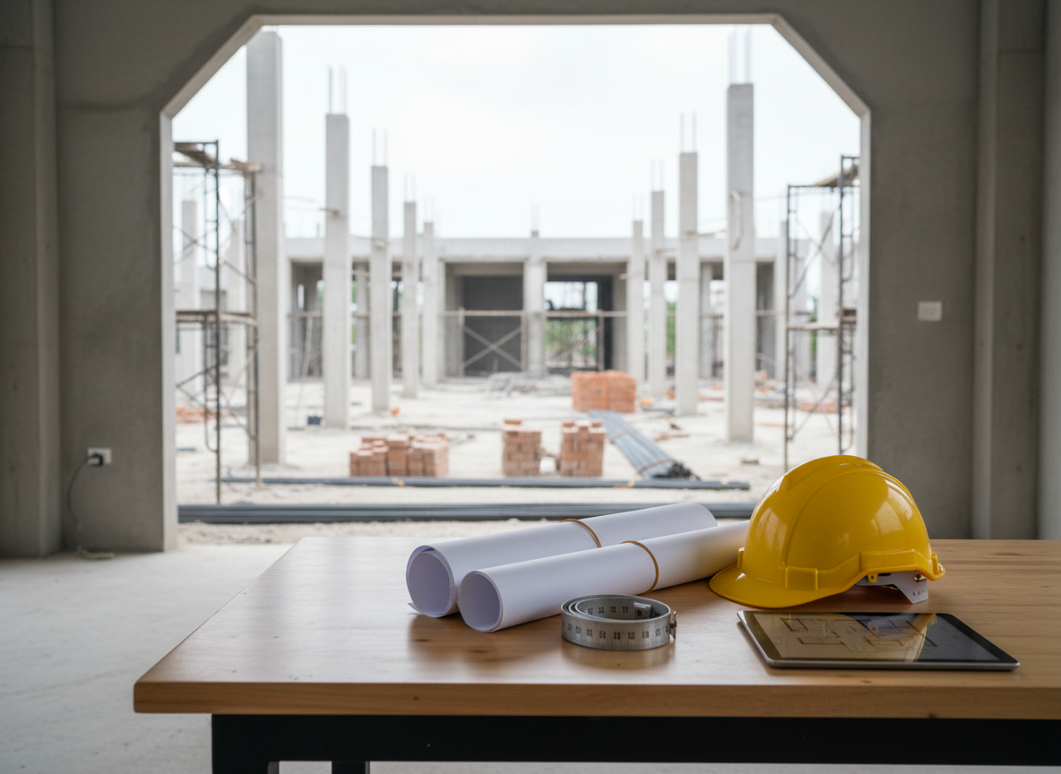 A professional project management and quality control scene set in a minimalist on-site workspace beside a Bali development. The main subject is a sturdy wooden table with a smooth, light-toned surface, holding neatly rolled architectural blueprints, a metal measuring tape, a digital tablet displaying a floor plan, and a yellow hard hat resting upright. Behind, a clearly segmented site shows color-coded barriers, tidy material storage zones, and a partially completed villa foundation. Bright, clear midday sunlight provides high visibility, casting well-defined shadows that emphasize straight lines and organization. The mood is rigorous and professional. Captured from a slightly elevated angle with sharp focus across the frame, the image highlights systematic quality assurance processes separate from the finished property imagery, reinforcing High Gate Properties' construction management expertise in Bali.