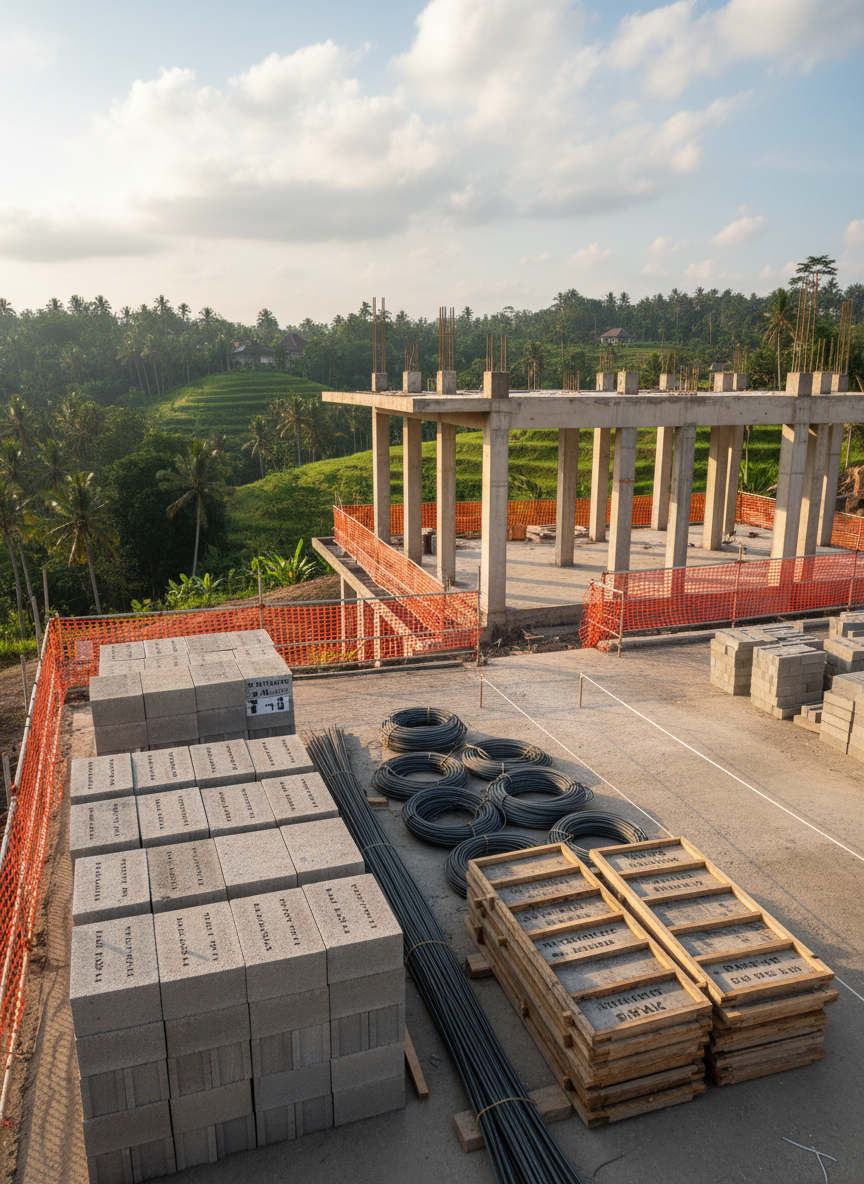A meticulously organized construction site in Bali under active project management, shown in photographic realism. The foreground features neatly arranged stacks of concrete blocks, rebar bundles, and labeled wooden formwork on a swept, compacted earth surface. A partially built villa structure rises mid-frame, with straight, clean columns and beams, surrounded by orderly safety barriers. In the background, green hills and scattered coconut palms remind viewers of the tropical setting. Soft late-afternoon sunlight creates warm highlights on the materials and gentle shadows that emphasize structure and precision. The atmosphere is methodical and controlled rather than chaotic. Shot at eye level with sharp focus and a slightly wide lens, the composition communicates professional site supervision and quality control for Bali real estate projects without any people present.
