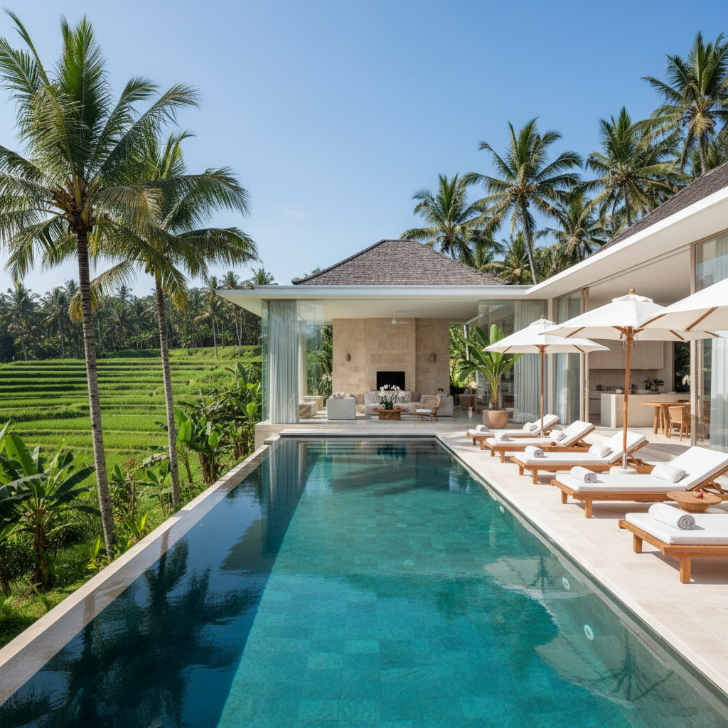 A luxurious contemporary villa rental in Bali, photographed in bright daylight from a slightly elevated angle. The foreground shows an infinity pool with crystal-clear turquoise water and a smooth stone deck, lined with minimalistic teak loungers and large white umbrellas. Beyond, floor-to-ceiling glass walls reveal an open-plan living space with neutral-toned furnishings and subtle tropical décor. Lush green palm trees and distant rice terraces frame the property, with a clear blue sky above. The lighting is crisp and natural, casting clean shadows that highlight architectural lines. The mood is aspirational yet calm, with photographic realism, sharp focus throughout, and a clean, modern composition that conveys premium Bali property rental.