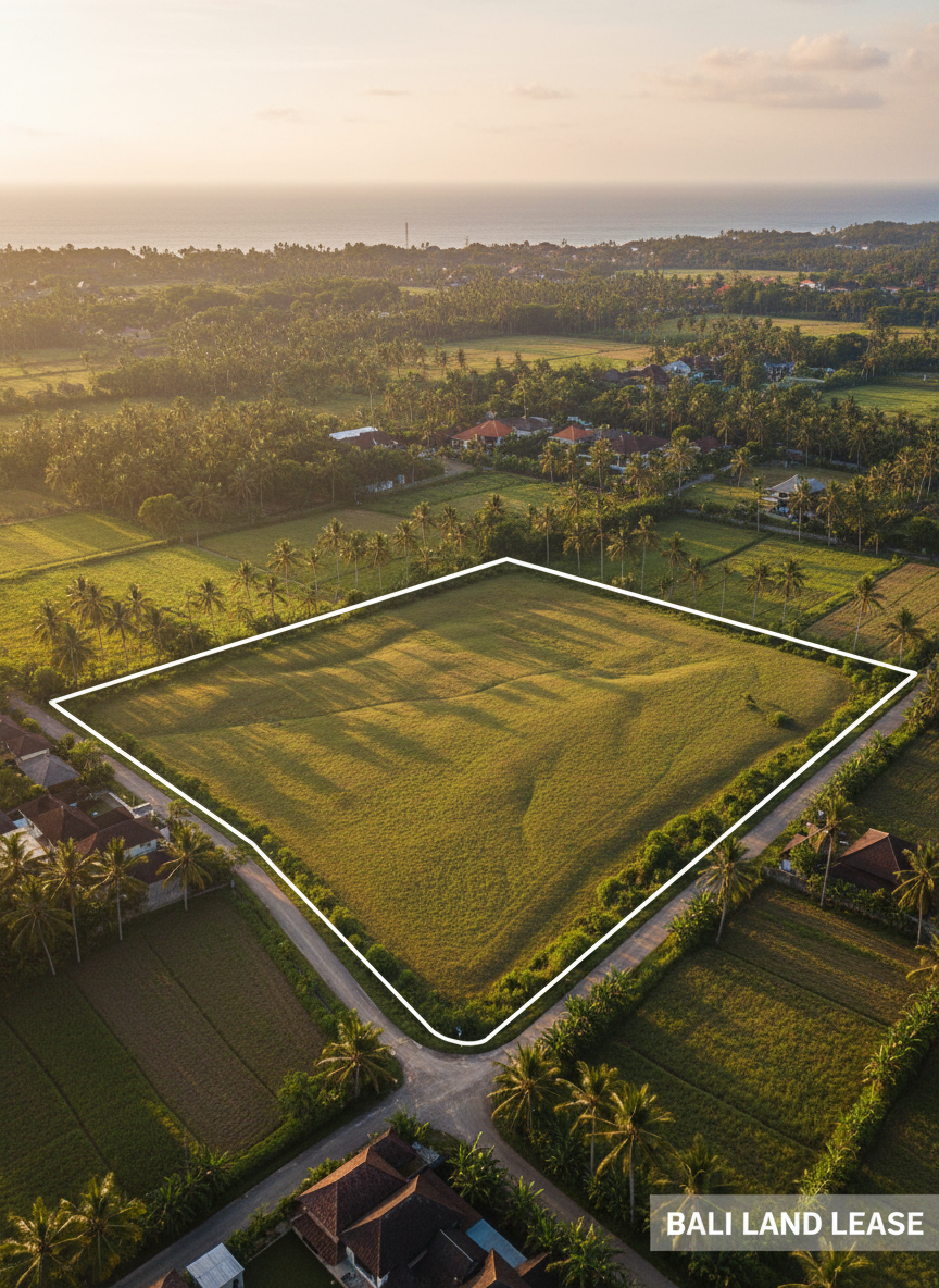 An expansive aerial photographic view of a coastal Bali land parcel for lease, captured at golden hour. The main subject is a clearly defined rectangular plot with gently rolling terrain, covered in short green grass and sprinkled with small shrubs, bordered by a neat dirt access road. Surrounding the parcel are other fields, pockets of palm trees, and glimpses of nearby villas in the distance, with the ocean horizon faintly visible. Warm low sunlight casts long soft shadows, emphasizing contours of the land and pathways. The mood is optimistic and opportunity-focused, with a balanced, wide-angle composition that shows both the plot’s boundaries and its context. The style is clean, realistic, and professional, ideal for showcasing Bali-only land rental opportunities for developers.