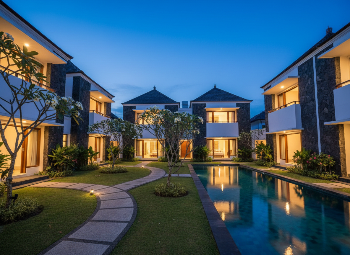 A serene photographic exterior of a mid-size Bali villa complex designed for long-term rental, captured at blue hour just after sunset. Several two-story buildings with white plaster walls, dark stone accents, and warm interior lights stand around a central landscaped courtyard. A narrow stone pathway winds through manicured grass, frangipani trees, and discreet garden lighting that creates soft pools of golden illumination. Reflections glimmer gently on a nearby shared lap pool. The sky transitions from deep blue to indigo, adding a calm, exclusive ambiance. Shot from a low, slightly wide perspective with sharp focus throughout, the composition emphasizes symmetry, order, and security, presenting a professional, investment-grade rental property in Bali's tropical environment.