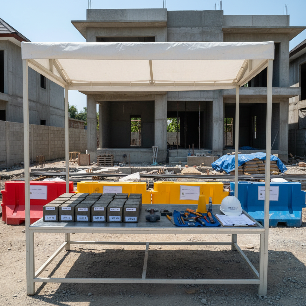 A dedicated quality control checkpoint area on a Bali construction site, rendered in crisp photographic realism. The focus is a temporary sheltered station made of light metal framing and a clean white canopy, under which labeled concrete sample cubes, neatly arranged testing tools, and a clipboard with diagrams rest on a metal table. Behind, a clearly segmented site shows color-coded barriers, tidy material storage zones, and a partially completed villa foundation. Bright, clear midday sunlight provides high visibility, casting well-defined shadows that emphasize straight lines and organization. The mood is rigorous and professional. Captured from a slightly elevated angle with sharp focus across the frame, the image highlights systematic quality assurance processes separate from the finished property imagery, reinforcing High Gate Properties’ construction management expertise in Bali.