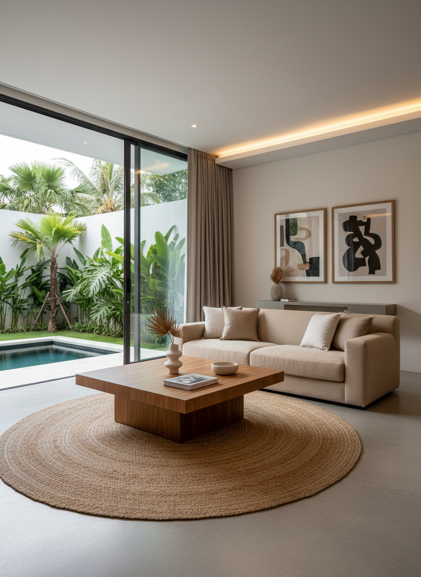 A sleek, modern interior of a Bali rental property living room, styled for high-end listings. The camera captures the space from a corner angle, revealing a low-profile linen sofa in warm beige, a solid teak coffee table with a smooth matte finish, and a woven jute rug on polished concrete floors. Full-height sliding glass doors open to a glimpse of a private garden and pool, with tropical plants providing lush greenery. Soft, diffused daylight filters in, balanced by concealed ceiling lighting that adds a gentle warm glow. Subtle decorative elements such as ceramic vases, neutral cushions, and framed abstract art keep the mood sophisticated and uncluttered. The photographic composition uses a moderate wide angle with sharp detail, conveying comfort, elegance, and professional Bali property presentation.