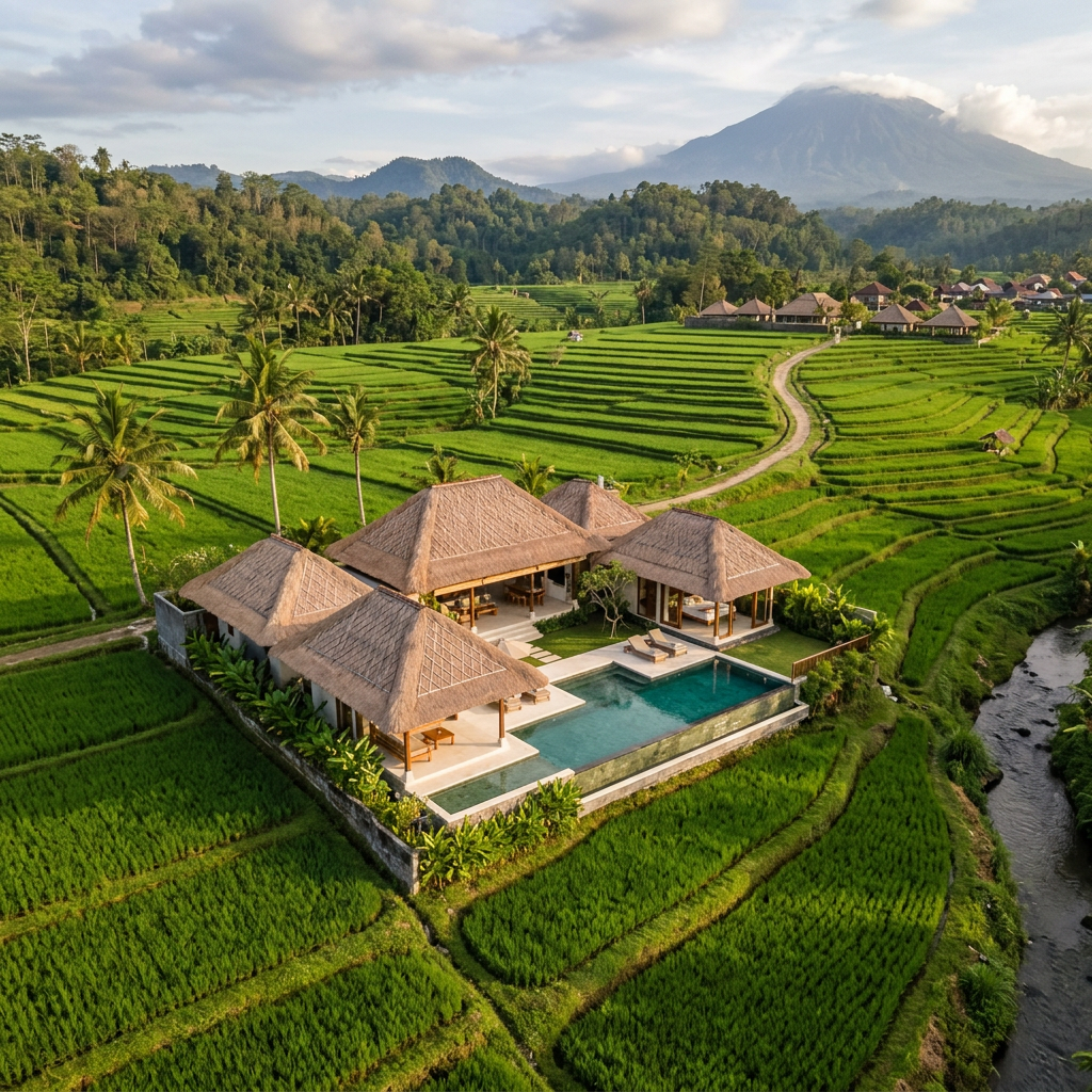 Tropical villa with pool surrounded by rice terraces and a mountain
